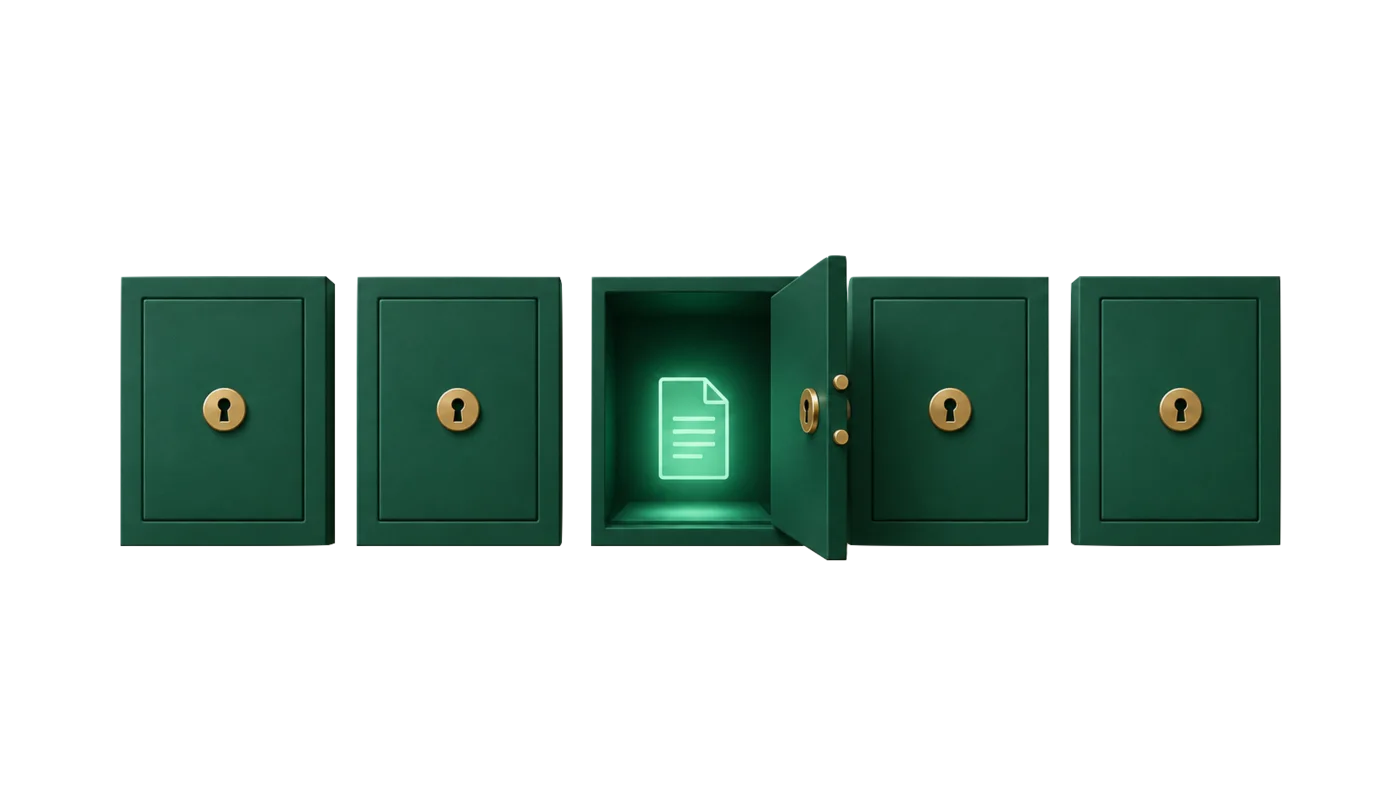 Safety deposit boxes with one open emerald vault containing a document